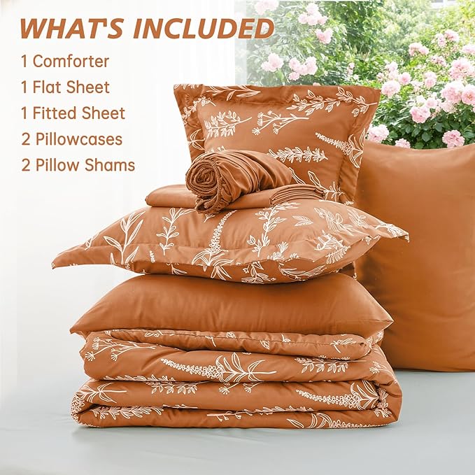 MUXHOMO Burnt Orange Bed in a Bag Queen 7 Pieces, Queen Comforter Set Reversible Botanical Flowers Design, Ultra Soft & Breathable Bedding Sets with Comforter, Sheets, Pillowcases & Shams