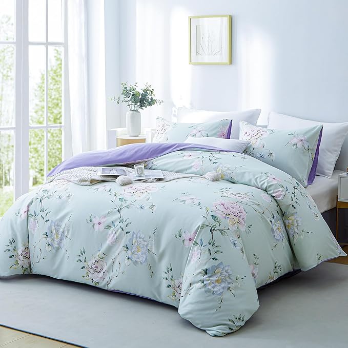 BOLINLIVING Floral Queen Comforter Set 3 Pieces, Soft Breathable Bed in a Bag Queen Size, Green and Purple Floral Bedding Set for All Season, 1 Comforter & 2 Pillowcases