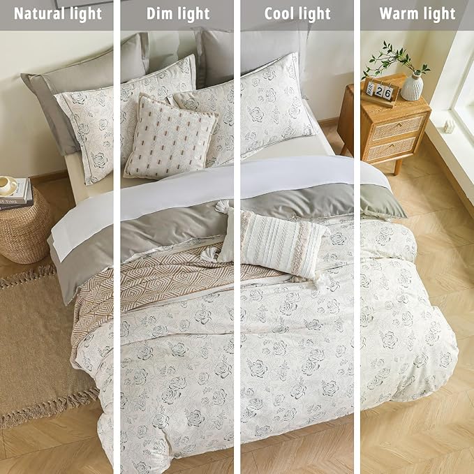 Vintage Botanical Cotton Comforter King Size 3PC - Elegant Floral Sketch on Ivory White with Tan Herringbone Reverse – Reversible Lightweight Comforter Set with Soft Fill(104"×90")
