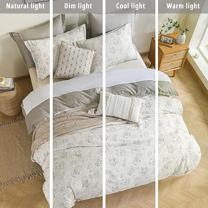 Vintage Botanical Cotton Comforter Queen Size 3PC - Elegant Floral Sketch on Ivory White with Tan Herringbone Reverse – Reversible Lightweight Comforter Set with Soft Fill(90"×90")