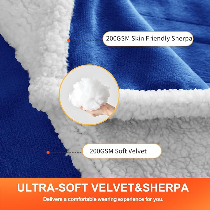 Myiosus Heated Blanket Wearable Shawl, Electric Wrap Poncho Blanket Hoodie with Pockets, Velvet & Sherpa Heating Throw with 6 Heating Levels & 4 Time Settings,Birthday Gifts for Mom, 50 x 64 Inch,Navy