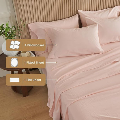 Simple&Opulence Belgian Linen Sheet Set Solid Color - 6 Pieces (1 Flat Sheet & 1 Fitted Sheet & 4 Pillowcases) 16" Deep Pocket Natural Flax Cotton Blended Soft Bedding - Pale Pink, Queen Size