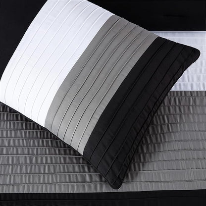 Chezmoi Collection Briar 7-Piece Full Bed in a Bag - All Season Lightweight Microfiber Comforter Set - Includes Sheets & Shams - Black/Gray/White Pleated Stripe Design