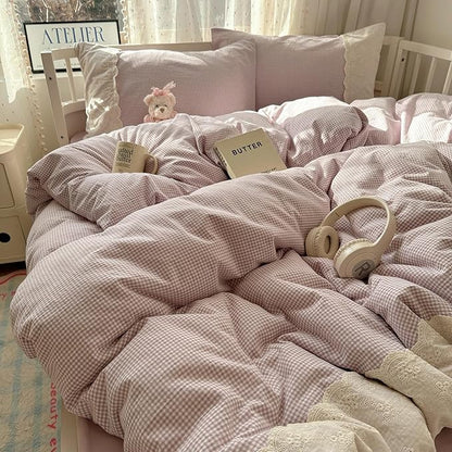 HighBuy Queen Comforter Set Grey Purple Gingham Comforter with Lace Ruffles Modern Chic Plaid Comforter Set 3 Pieces Fluffy Soft Boho Checkered Pattern Comforter with 2 Pillowcases for Boy Men