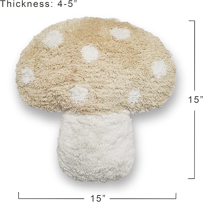 Mushroom Throw Pillow Tufted Shape Decorative Cushion 15” x 15” – Decor for Bed, Couch, Living Room (Cream)