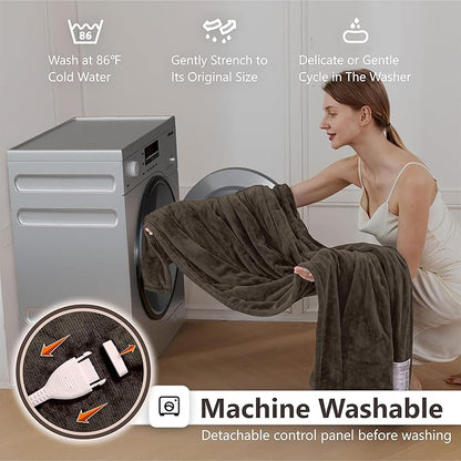 Wapaneus Foot Pocket Heated Blanket Electric Throw with 10 Heating Levels and Auto Shut Off,Flannel Fast-Heating Heated Throw 50" x 60",ETL Listed Machine Washable,Dark Brown