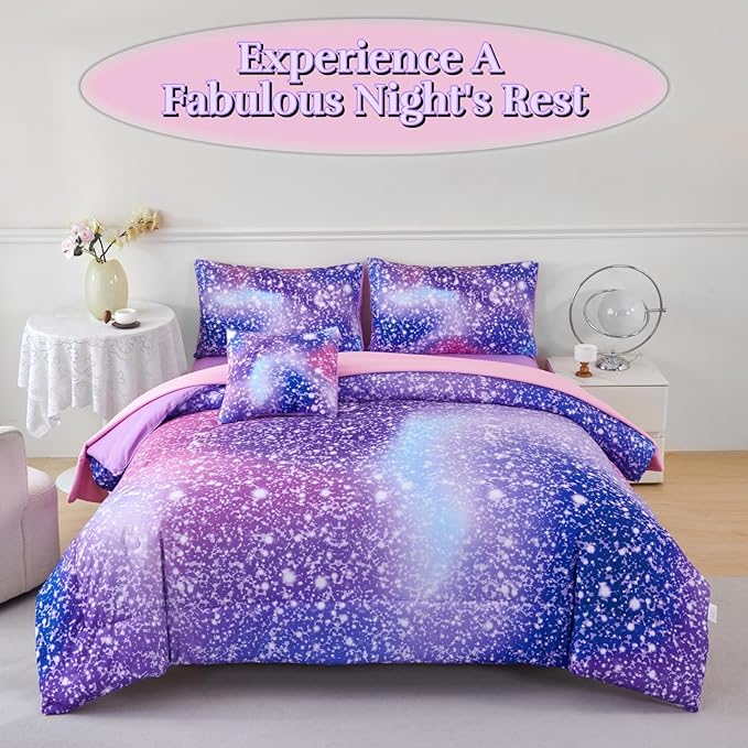 PERFEMET Girls Bed in A Bag Queen Size Colorful Rainbow Queen Comforter Set with Sheets Tie Dye Fluffy Bedding Set for Teen Girl Women 3D Glitter Ombre Bed Sets (Purple Pink, Queen)