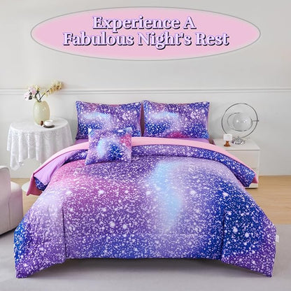 PERFEMET Girls Bed in A Bag Queen Size Colorful Rainbow Queen Comforter Set with Sheets Tie Dye Fluffy Bedding Set for Teen Girl Women 3D Glitter Ombre Bed Sets (Purple Pink, Queen)