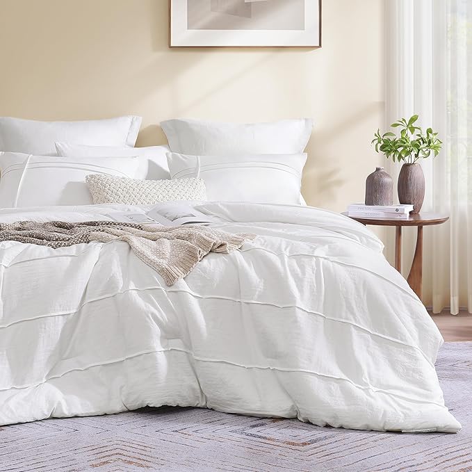 Boho King Size Comforter Set, White Pinch Pleat King Size Bed Set, 3 Piece Bedding Set, Warm Fluffy King Bed Set(White,102"*90")