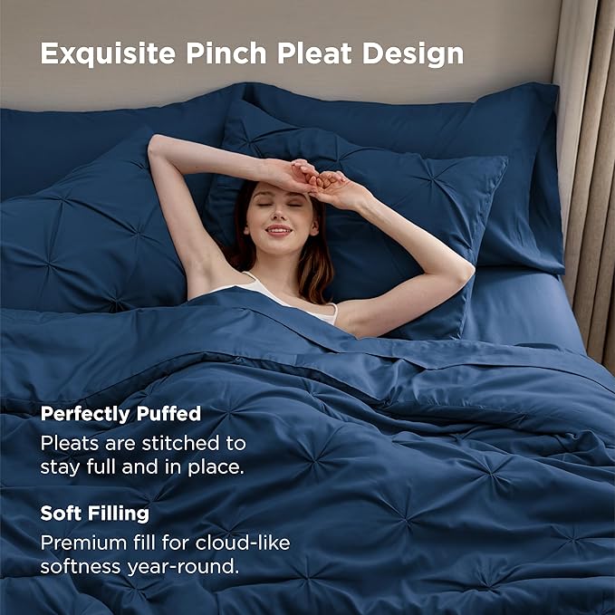 Bedsure California King Comforter Set Navy - Bed in a Bag Cal King Bedding Set 7 Pieces, GentleSoft™ Pintuck Bed Set Gift for Family, Pinch Pleat Navy Comforter with Sheets, Pillowcases & Shams