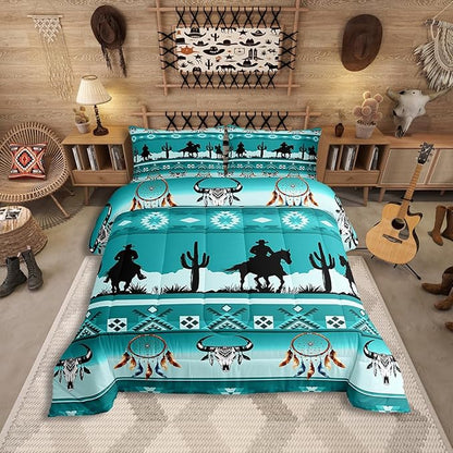 Erosebridal Toddler Size Western Comforter Set Longhorn Skull Dream Catcher Boho Bedding Set for Kids Boys Teens Adult Bedroom, Cowboy Horse Western Quilt Southwestern Geometric Duvet Insert, Teal