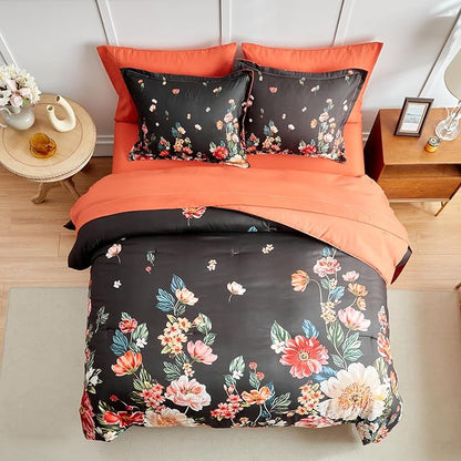 Joyreap 7 Piece Bed in a Bag Queen, Floral Comforter Sheet Set, Black n Orange Flowers Design, All Season Microfiber Bedding Comforter Set