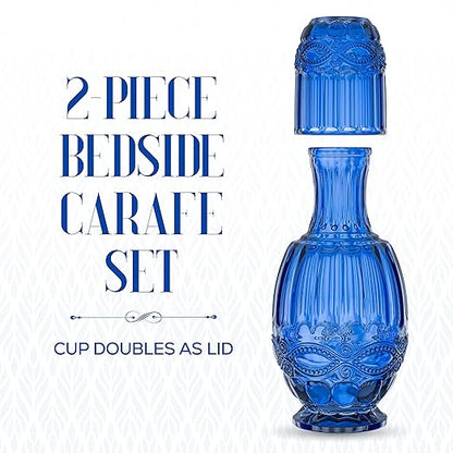 Bedside Water Carafe with Tumbler | 33-Ounce Pitcher and Matching Drinking Glass | Use Cup as a Lid for Carafe | For Guest Room, Nightstand, Office, or Gift | Blue | Elle Decor
