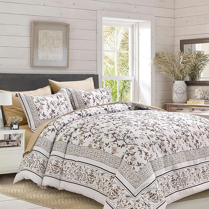 Dobuyly Brown Queen Comforter Set, 7 Piece Bed in a Bag Queen Size Floral Botanical Bedding Set, Soft Microfiber Bedding Comforter Sets with Sheets for All Season