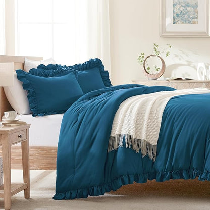 Andency Teal Ruffle Comforter King(104x90Inch), 3 Pieces(1 Ruffled Comforter and 2 Pillowcases) Solid Farmhouse Shabby Chic Bed, Vintage Rustic Soft Microfiber Bedding Set