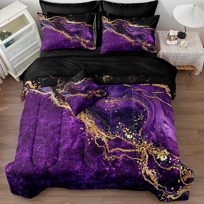 Black Gold Comforter Set - 6 Pcs Purple Marble Bedding Set Twin Size Bed in A Bag - Stone Texture Abstract Room Decor - Purple and Black