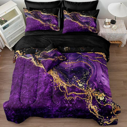 Black Gold Comforter Set - 6 Pcs Purple Marble Bedding Set Twin Size Bed in A Bag - Stone Texture Abstract Room Decor - Purple and Black