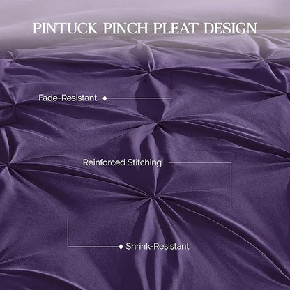 Andency Purple Comforter Set Queen Size, 3 Pieces Pintuck Bedding Comforters for Queen Bed, All Season Soft Lightweight Pinch Pleat Microfiber Bed Set