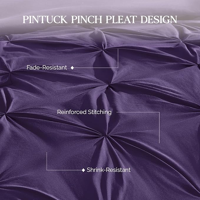 Andency Purple King Size Comforter Set, 3 Pieces Pintuck Lightweight Soft Bedding Comforters & Sets, All Season Microfiber Down Alternative Bed Comforter Set