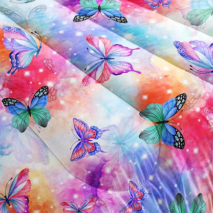 Rainbow Butterfly Comforter Sets Queen，Cute Bedding Sets for Kids,Galaxy Butterfly Comforter Sets All Season 1 Comforter and 2 Pillowcases