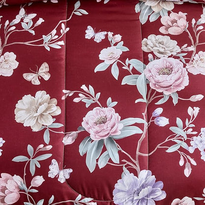Joyreap 3pcs Floral Comforter Set Full/Queen, Blue n Pink Flowers on Burgundy Red Design, Microfiber Lightweight Christmas Bedding Comforter Set for All Season