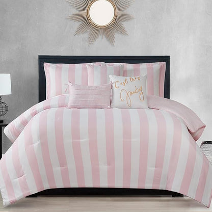Juicy Couture Cabana Stripe Reversible Bedding Set - Twin/Twin XL Size - Dogwood Pink/White Stripe Print - 5 Piece Set - Includes 1 66" x 90" Comforter, 3 Decorative Pillows, 1 Sham