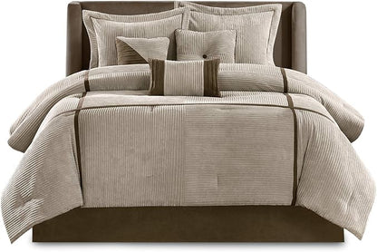 Madison Park Cozy Comforter Set Casual Blocks Design All Season, Matching Bed Skirt, Decorative Pillows, King(104"x92"), Dallas Corduroy, Taupe Brown, 7 Piece