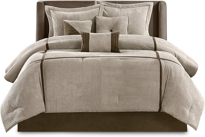 Madison Park Cozy Comforter Set Casual Blocks Design All Season, Matching Bed Skirt, Decorative Pillows, Cal King(104"x92"), Dallas Corduroy, Taupe Brown, 7 Piece