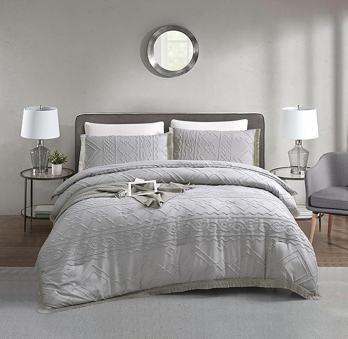 Boho King Size Comforter Set Grey 3 Pieces Tufted Tassel King Comforter Set Prime Lightweight Down Comforter King Size Gray Shabby Chic Boho Bedding Farmhouse Fluffy Comforter Bed Set Gift Choice