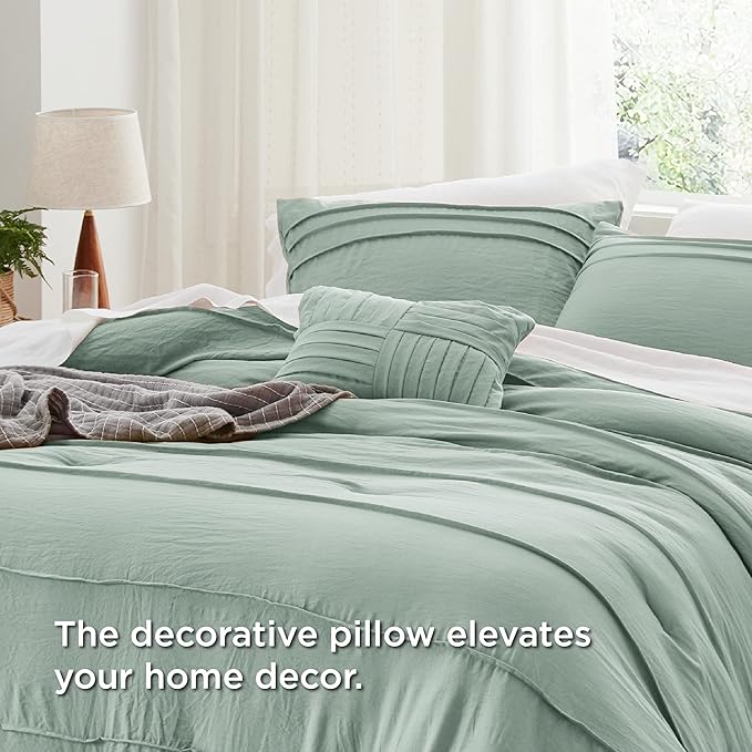 Bedsure California King Comforter Set - 4 Pieces Pinch Pleat Bed Set, Sage Green Boho Bedding for All Season, 1 Soft Comforter, 2 Pillowcases, 1 Decorative Pillow