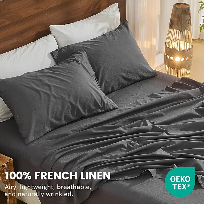 Bedlifes 100% French Linen Sheets California King Size 18-24" Extra Deep Pocket 4-Piece Set Breathable & Moisture-Wicking,Soft & Durable Sheets for Thick Mattresses(Dark Grey)
