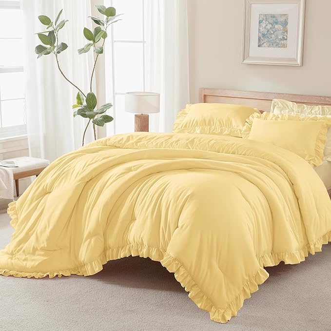 Andency Yellow Ruffle Comforter Queen(90x90Inch), 3 Pieces(1 Ruffled Comforter and 2 Pillowcases) Solid Farmhouse Shabby Chic Bed, Vintage Rustic Soft Microfiber Bedding Set
