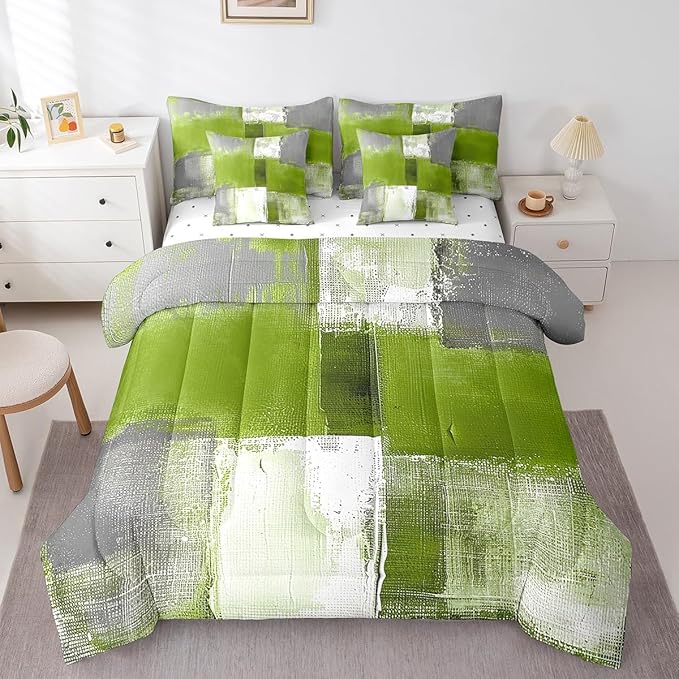 Erosebridal Grass Green White Gray Bedding Comforter Sets 7pcs Abstract Bedding Set, Grunge Twin Size Comforter Set (1 Comforter, 1 Fitted Sheet, 1 Flag Sheet, 2 Pillowcases, 2 Throw Pillow Covers)