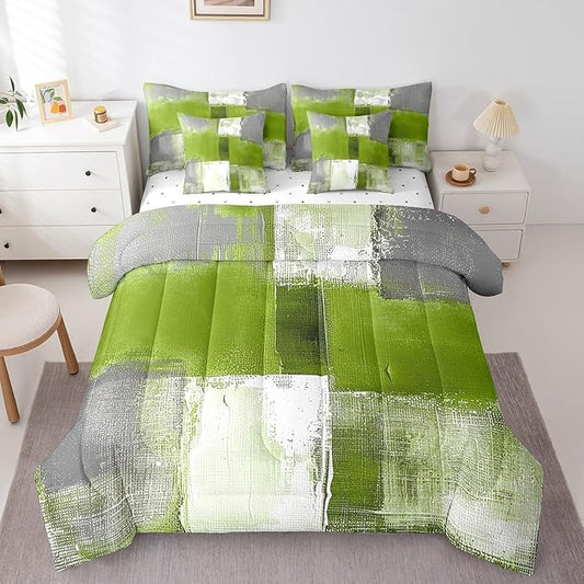 Erosebridal Grass Green White Gray Bedding Comforter Sets 7pcs Abstract Bedding Set, Grunge Twin Size Comforter Set (1 Comforter, 1 Fitted Sheet, 1 Flag Sheet, 2 Pillowcases, 2 Throw Pillow Covers)