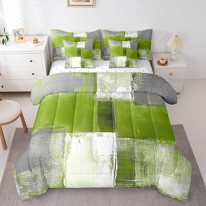 Erosebridal Grass Green White Gray Bedding Comforter Sets 7pcs Abstract Bedding Set, Grunge King Size Comforter Set (1 Comforter, 1 Fitted Sheet, 1 Flag Sheet, 2 Pillowcases, 2 Throw Pillow Covers)