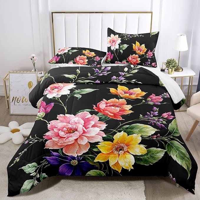 Raphus cucullatus Dark Botanical Bedding King Comforter Sets, Black and Pink, King Boho Floral Bed Set