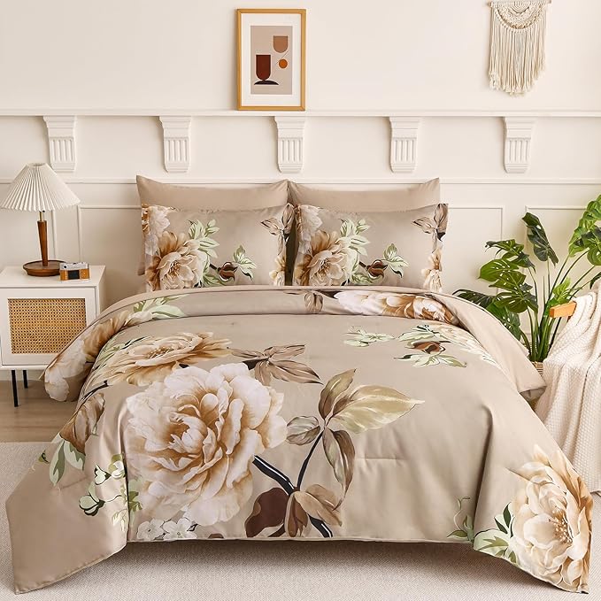 Drucon Floral Comforter Set Queen Size 7 Pieces Bed in a Bag, Khaki Floral Bedding Set, Soft Microfiber Comforter and Sheet Set for All Season (Queen, 90"x90")