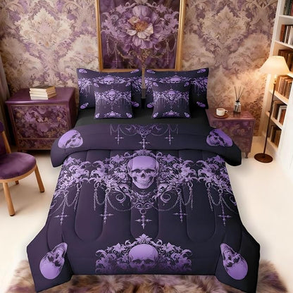 Erosebridal Gothic Comforter Set 7 Piece Bed in a Bag Twin,Goth Sugar Skull Purple Damask Bedding Set,Bohemian Vintage Floral Comforter and Sheet Set,Exotic Antique Victorian Baroque Decor