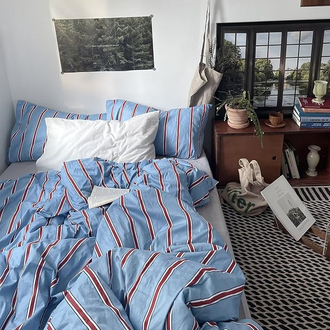 mixinni Vintage Blue & Red Striped Comforter Set Queen Size - Soft Cotton 3-Piece Bedding Set (1 Comforter + 2 Pillowcases), Retro Geometric Stripes Pattern, All-Season Lightweight & Breathable