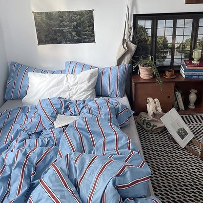 mixinni Vintage Blue & Red Striped Comforter Set Full Size - Soft Cotton 3-Piece Bedding Set (1 Comforter + 2 Pillowcases), Retro Geometric Stripes Pattern, All-Season Lightweight & Breathable