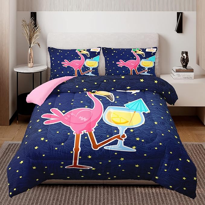 HOSIMA Flamingo Bedding Comforter Sets,Holiday Style Flamingo and Stars Printed Comforter for Women Home Decor,Twin Comforter Set for Girls Teens Women with 2 Pillowcases.