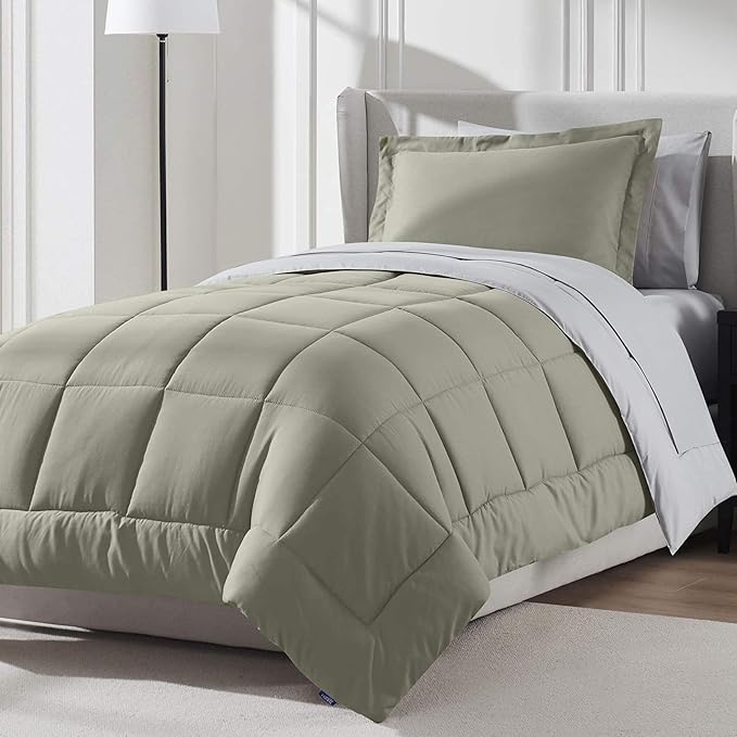 Nestl 5 Piece Twin XL Comforter Set – Light Sage Reversible Bed in a Bag – Complete Twin XL Size Bedding Set with Sheets, Pillowcase and Sham