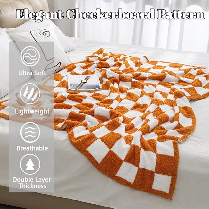 MorroMorn Checkered Blanket for Couch Bed, Orange Throw Blanket 2-Layers Soft Cozy Fleece Plaid Blankets Checkerboard Grid - Fluffy Fuzzy Plush Warm Fall Decor Mothers Birthday Gifts, 60x80 inches