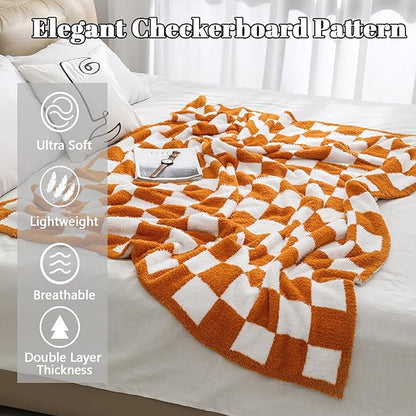 MorroMorn Checkered Throw Blanket for Couch, Orange Throw Blanket 2-Layers Soft Cozy Fleece Plaid Blankets Checkerboard Grid - Fluffy Fuzzy Plush Warm for Sofa Chair Bed Decor Gifts, 50x60 inches