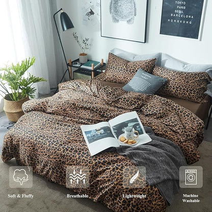 mixinni Leopard Print California King Comforter Set-3 Pieces Animal Cheetah Printed Comforter Sexy Soft Fluffy Brown/Black Floral Print Bedding Set with 2 Pillowcases for All Season-California King