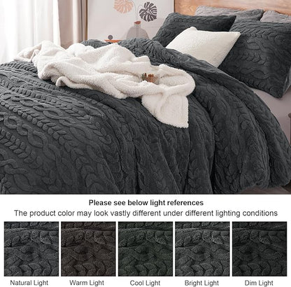 PHF Fluffy Sherpa Fleece Twin Comforter Set, 2 Pieces Warm Fuzzy Soft Bedding for Winter, 3D Tufted Flannel Plush Shaggy Bed Set, 1 Comforter (68"x90") and 1 Pillowcase (20"x26"), Dark Grey
