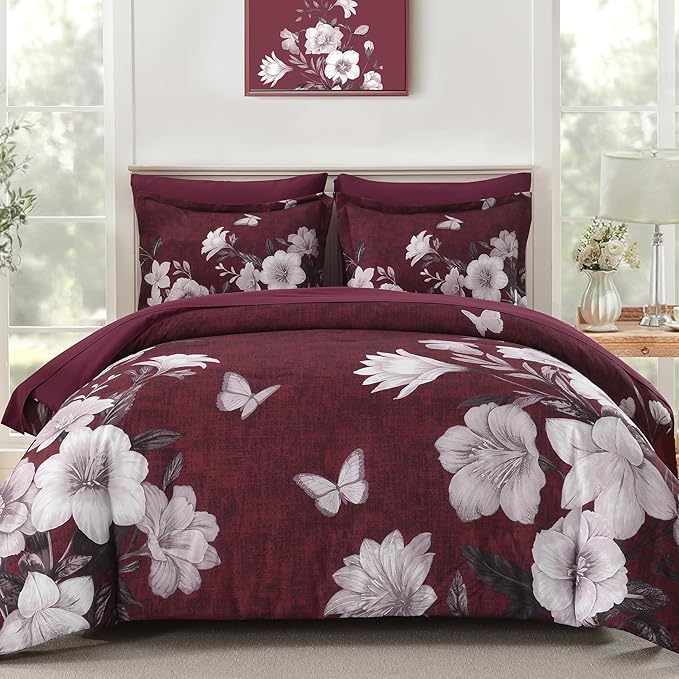 Floral King Size Comforter Set, 7 Pieces Burgundy Bed in a Bag, Elegant Floral Butterfly Comforter and Sheet Set, Soft Microfiber Bedding Sets for All Seasons(Burgundy,104"x90")
