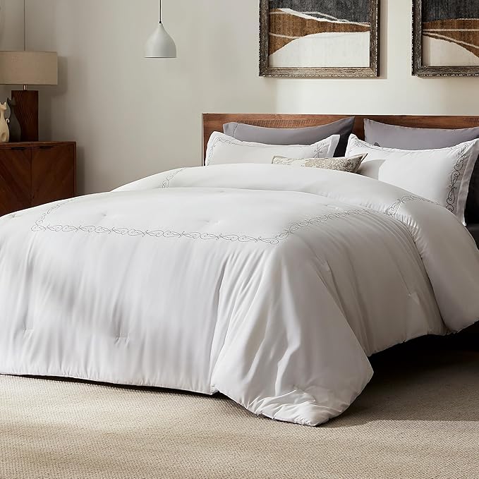 SLEEP ZONE Queen Comforter Set, Luxury Hotel Collection Comforter, 3 Pieces Fluffy Lightweight Down Alternative Duvet Insert with Embroidered Stripes (Elegant Scroll, Full/Queen)