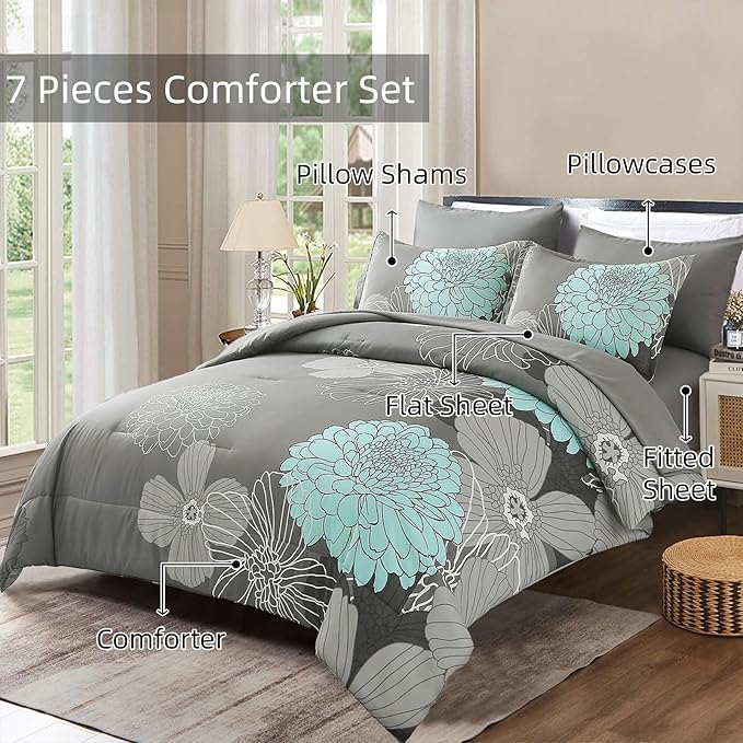 Yiran Floral Comforter Set 7 Piece Full Size Bed in a Bag Flower Comforter Soft Microfiber Bedding Set for All Season (Grey,90"x78")