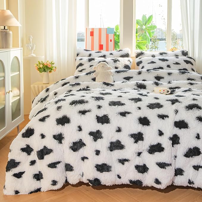 chovy Faux Fur Plush Tie-Dyed Cow Print Comforter Sets Twin/Full Size - Ultra Soft Shaggy Flannel Velvet Fluffy Fuzzy 3PC Bedding Set （Comforter x 1 Pillowcases x 2）